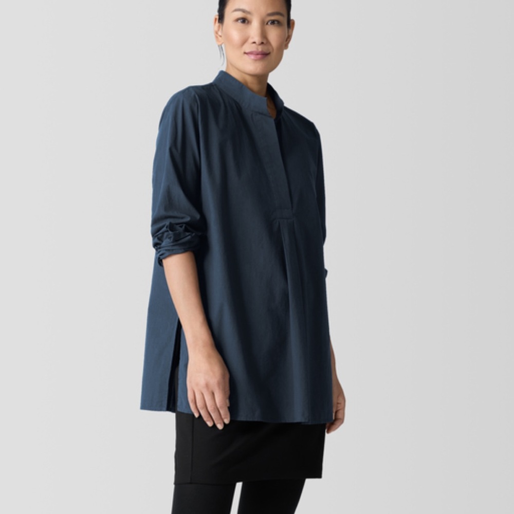 Eileen Fisher Washed Organic Cotton Poplin Stand Collar Top Navy Sz Small Petite